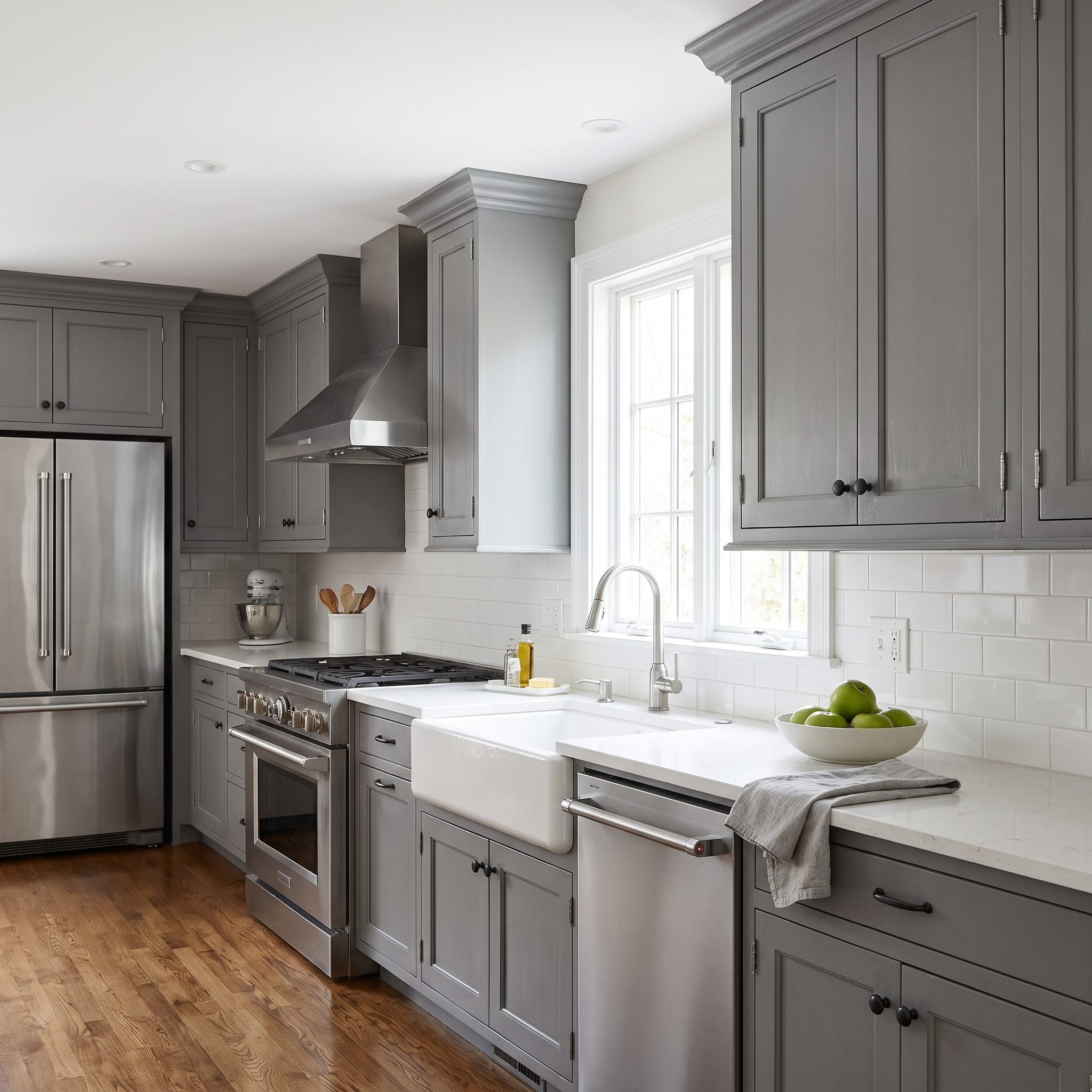 Medium-gray kitchen cabinets painted in place with paint bridging door gaps and buildup around hinges.
