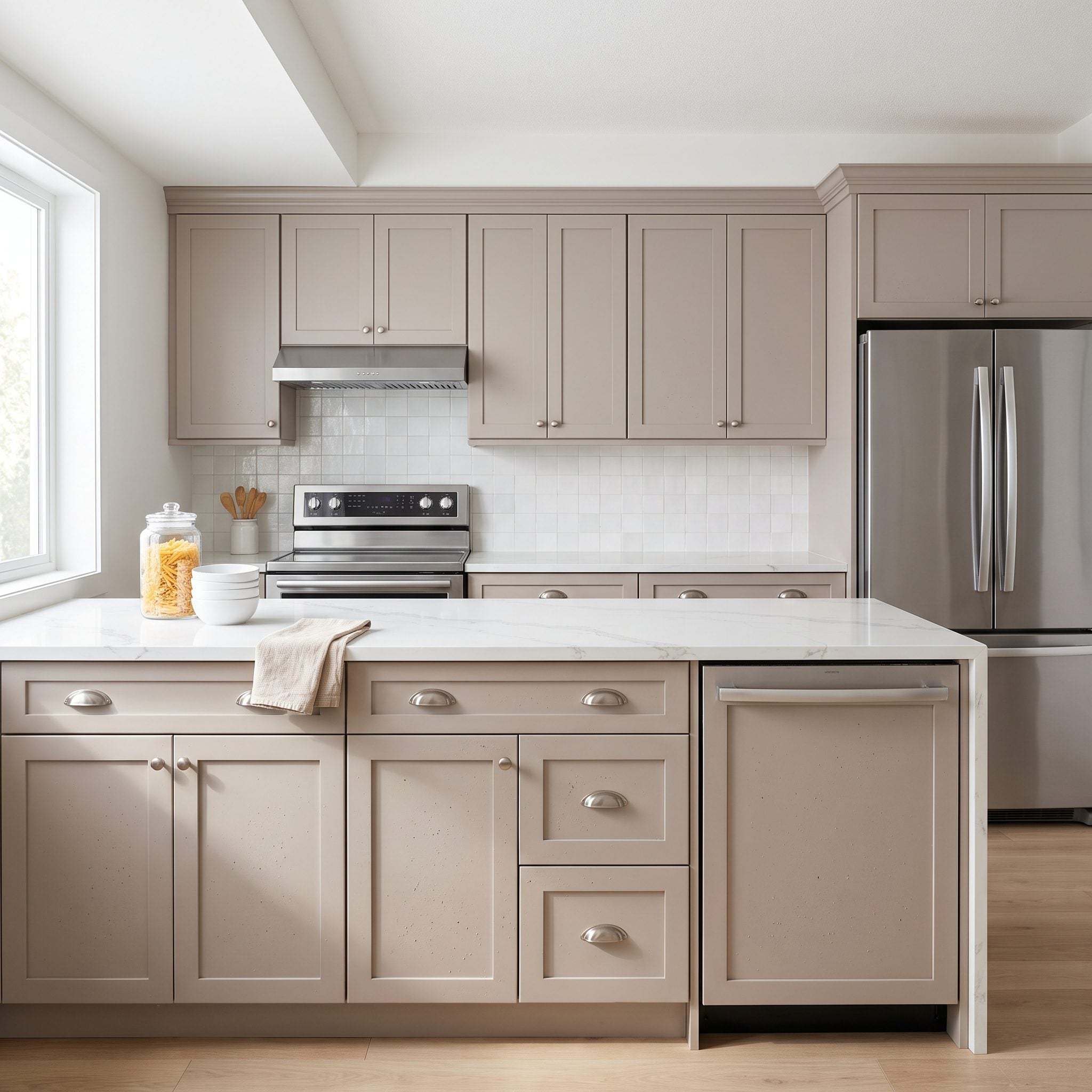 Soft taupe cabinets with a gritty, particle-filled finish from sanding dust left on before painting.