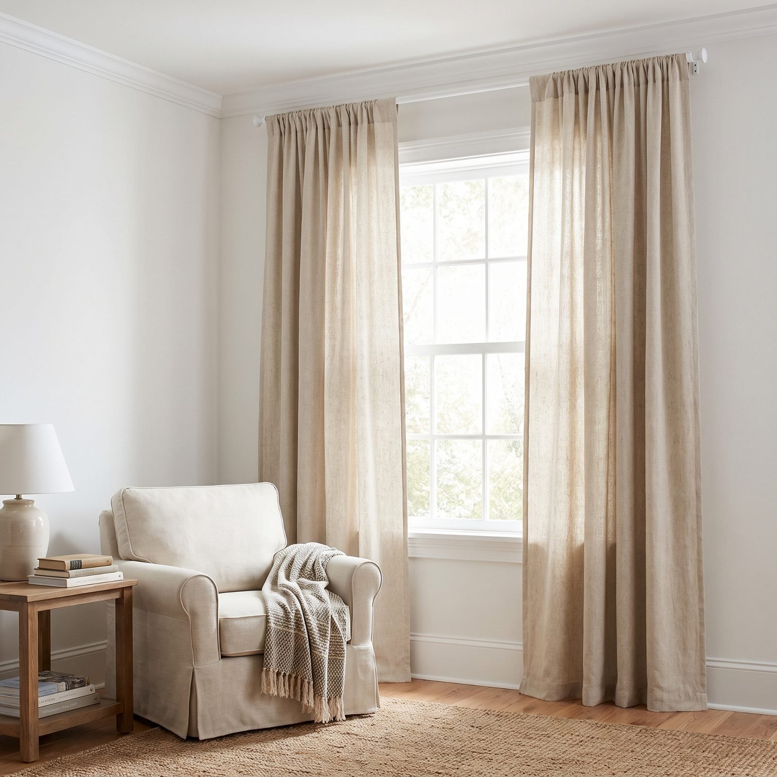 Rental Living Room Using No-Drill Ceiling-Height Curtain Hardware