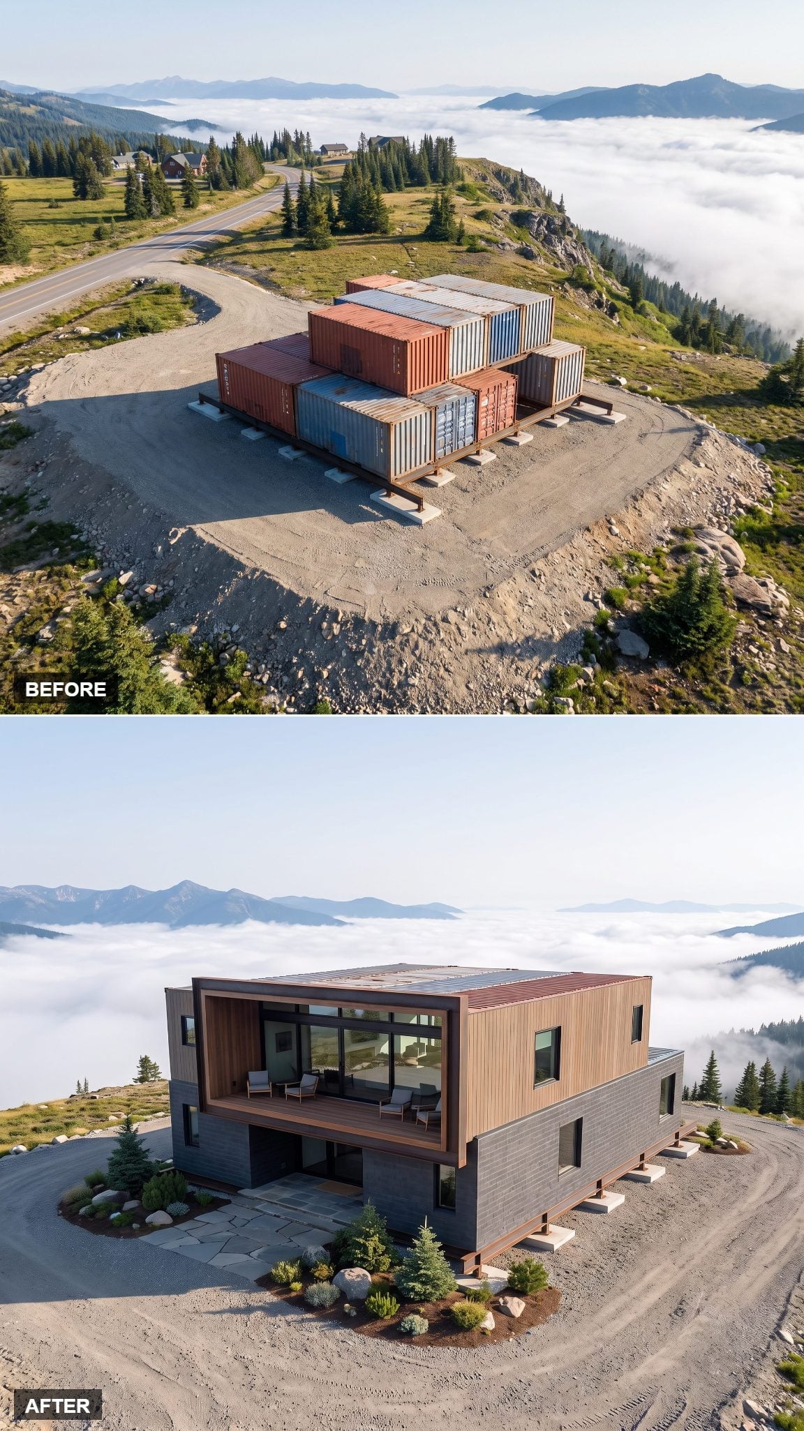 Mountain container house concept with a large picture window framing the ridge