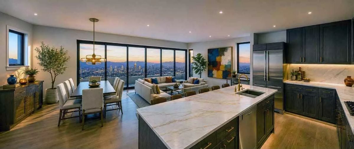 Marble Island, Dark Cabinets, and a Skyline That Does the Decorating