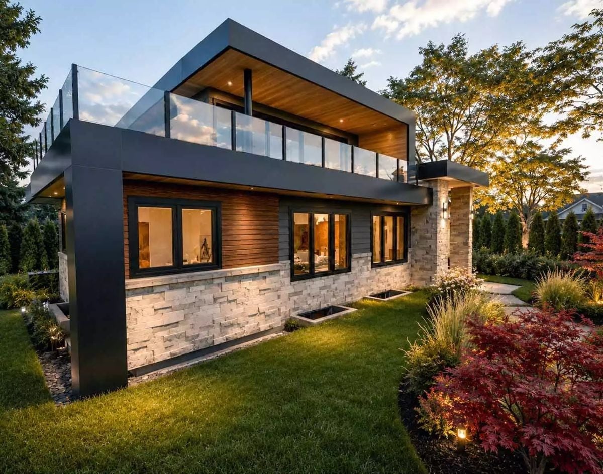 Stacked Stone Base, Glass Rails, and a Yard That Pulls It All Together