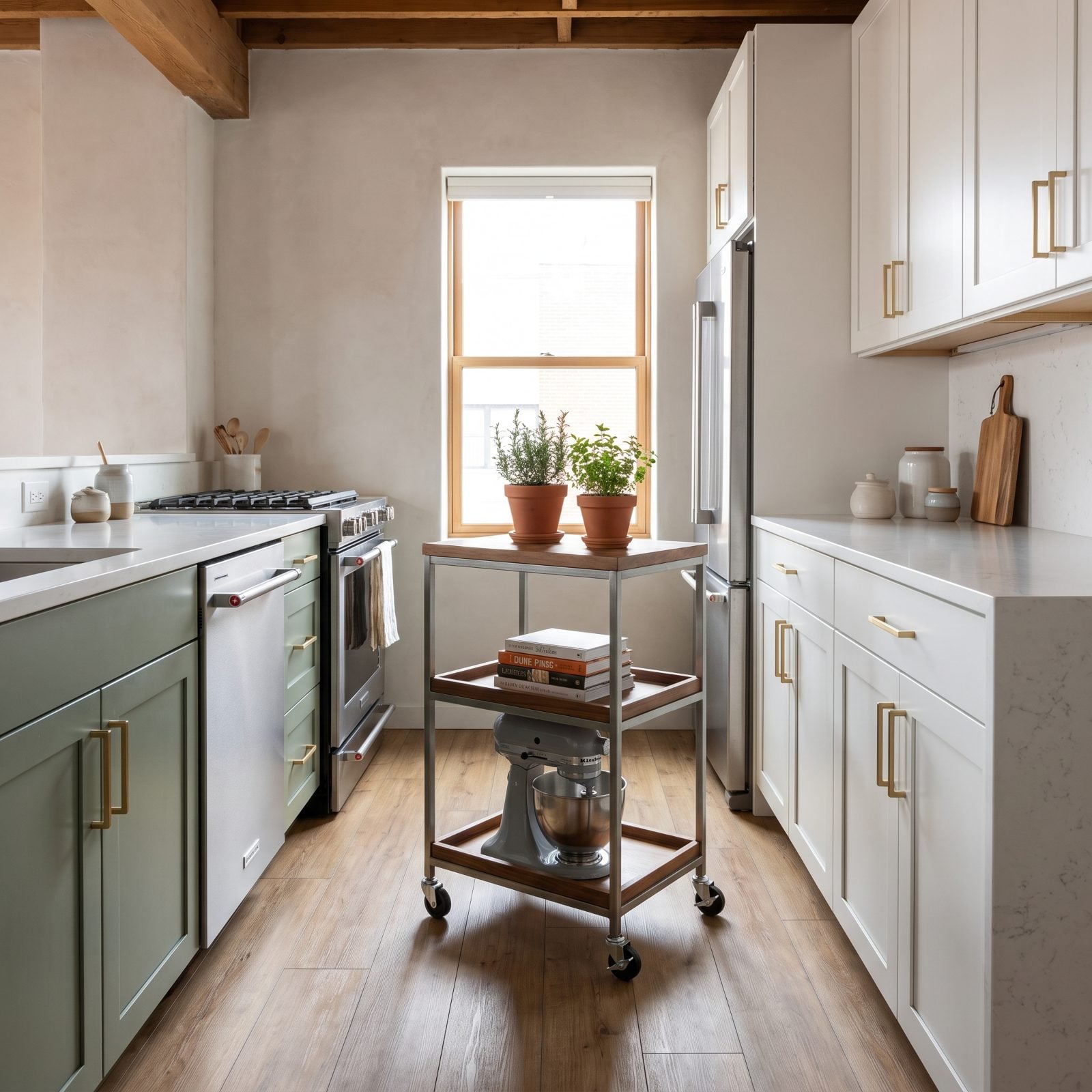 Sage green galley kitchen with a three-tier rolling cart parked in the center walkway, narrowing the passage between