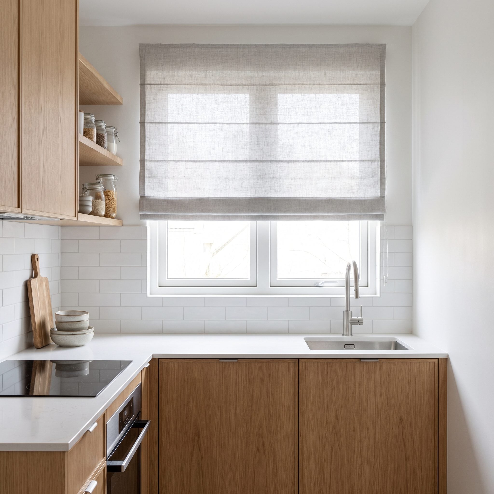 Small kitchen with a linen Roman shade over the sink window ending at the sill, well above the 36-inch counter.