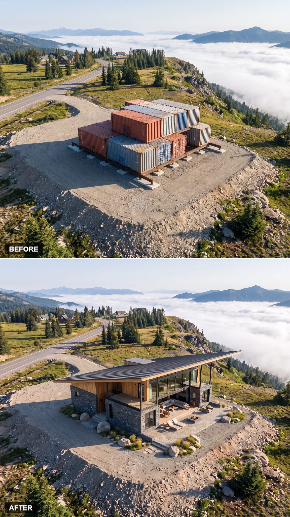 Mountain container house concept with a long projecting roof toward the valley