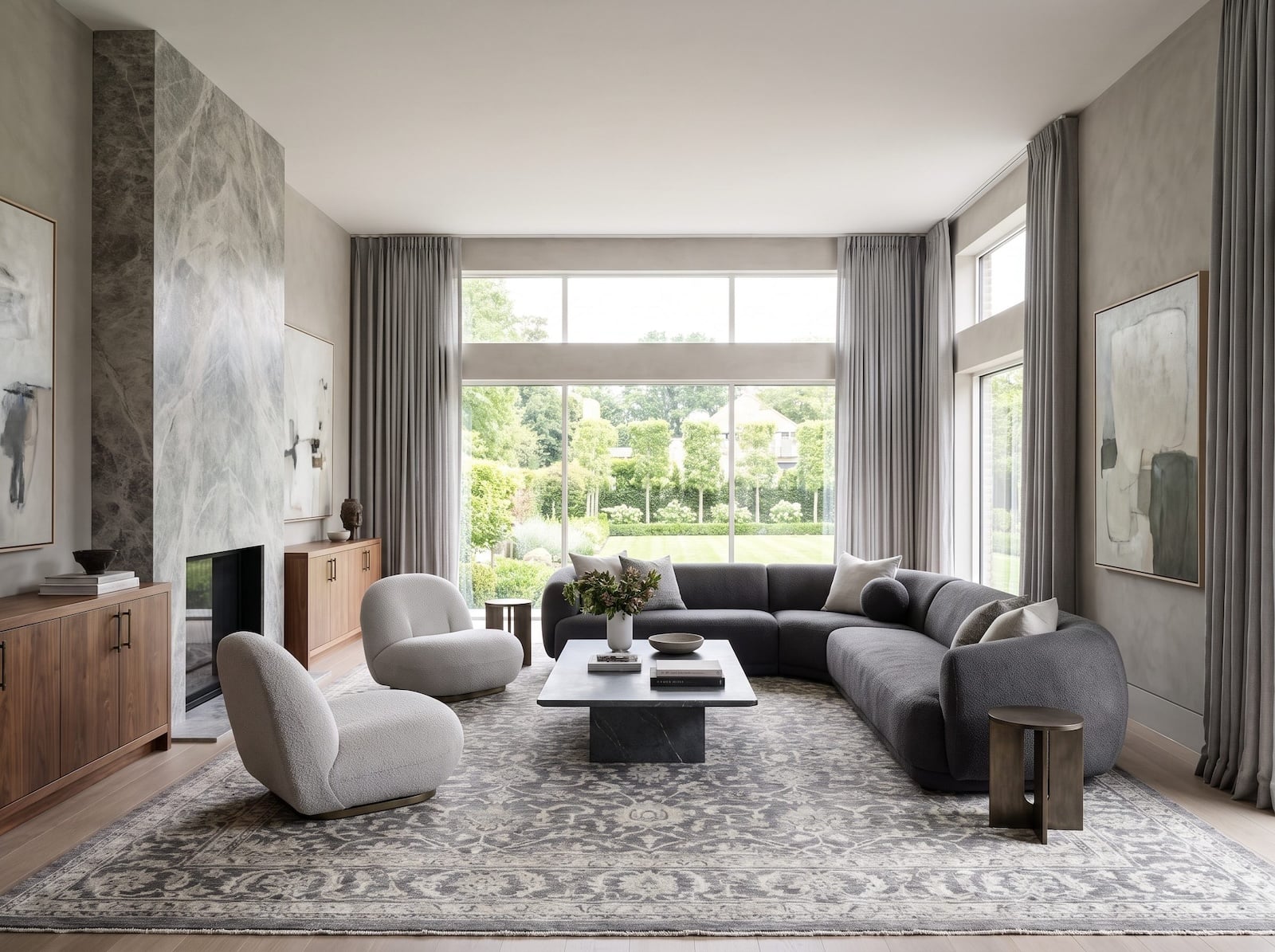 Living room featuring a varied gray palate