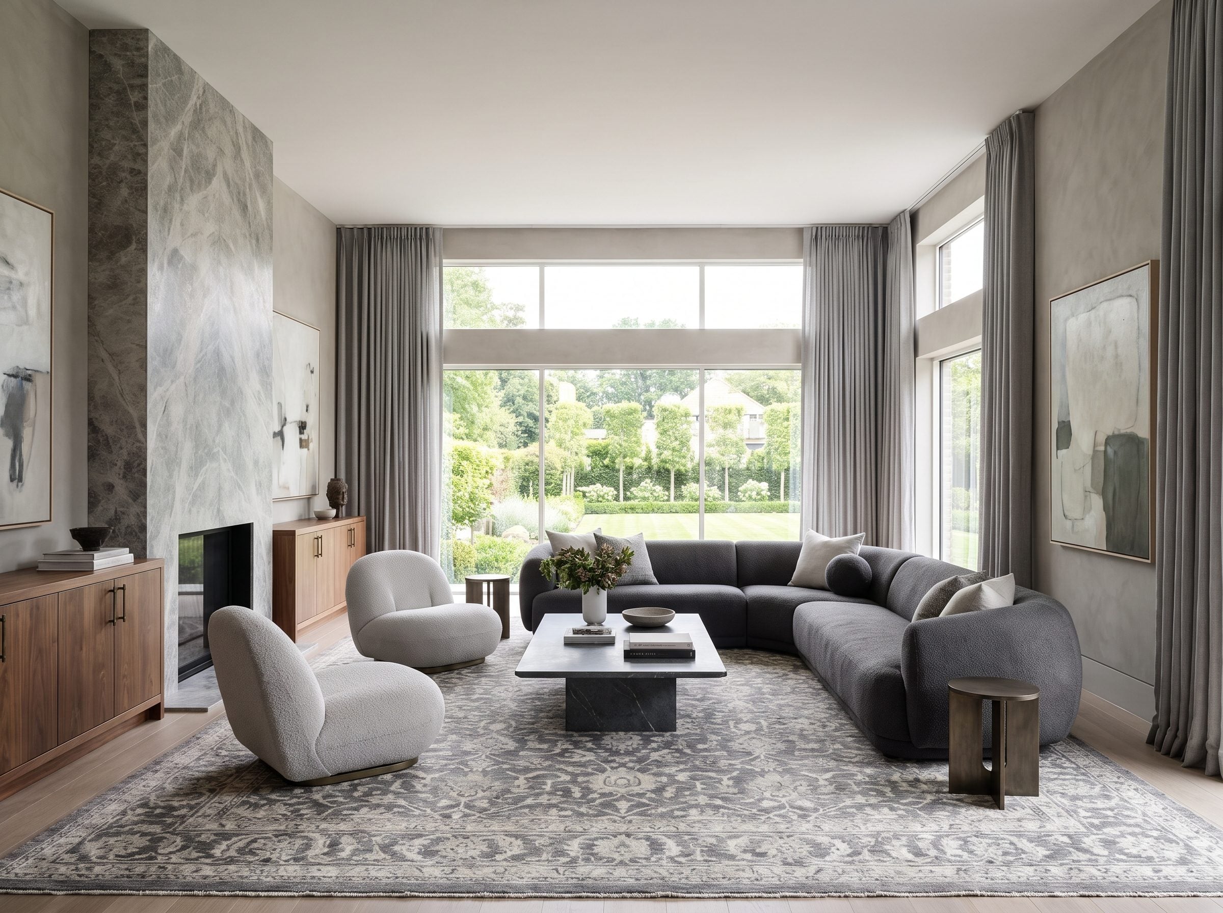 Contemporary living room with warm-gray plaster walls, a stone fireplace, a charcoal sectional and pale-gray bouclé chairs
