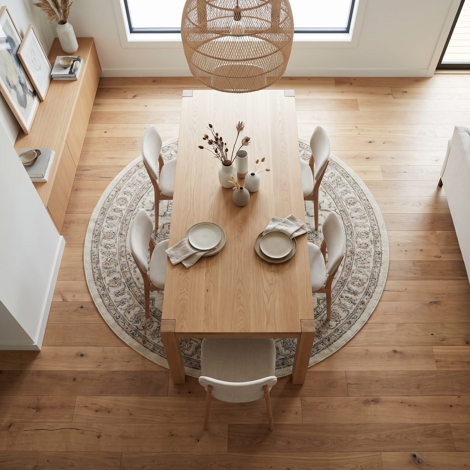 A Round Rug Fighting With a Long Rectangular Table