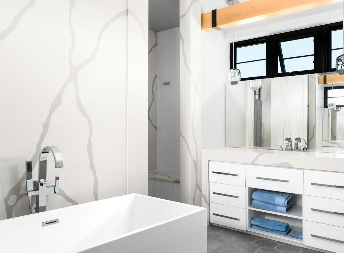 Freestanding Tub, Floor-Mounted Filler, and Walls That Do the Heavy Lifting