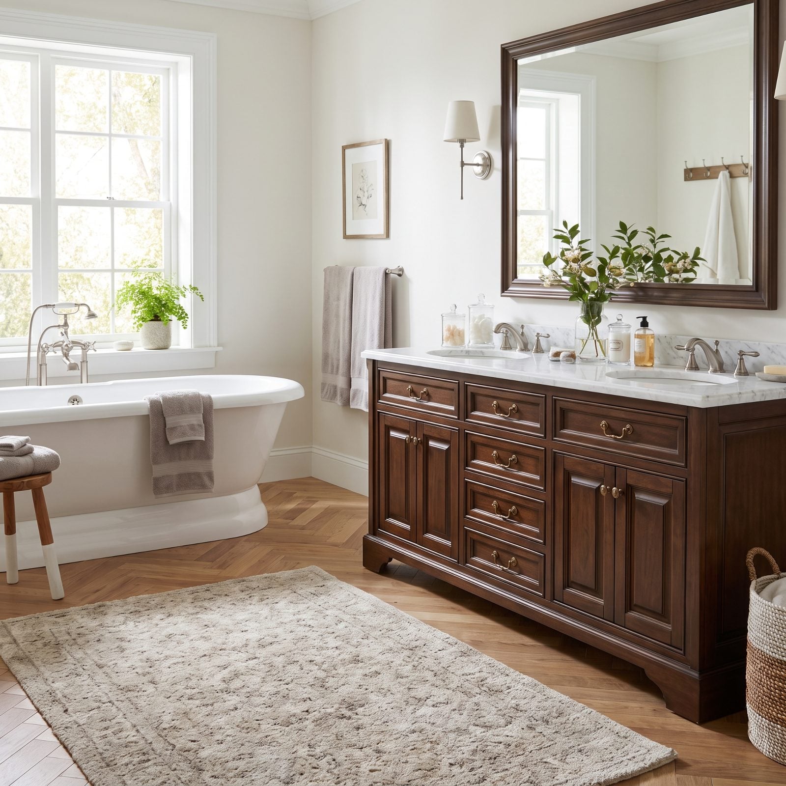 Walnut double vanity where the drawer fronts under each sink are fixed tilt panels, not real drawers.