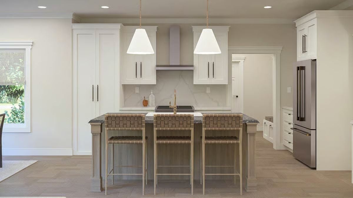 Woven Barstools and Brass Hardware Ground an Otherwise All-White Kitchen