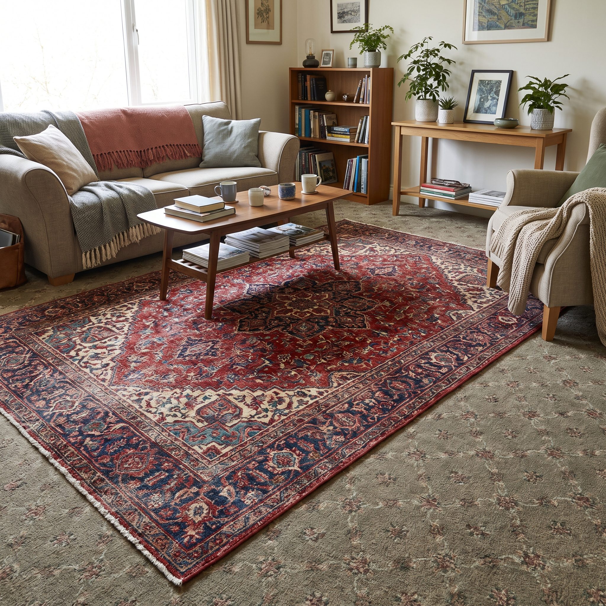 Patterned area rug layered over neutral wall-to-wall carpet