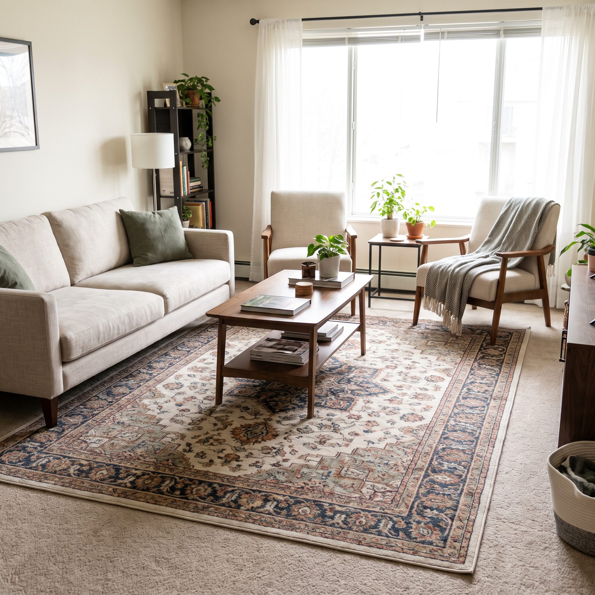 Living room with a nine-by-twelve rug over beige carpet and the front legs of the sofa and armchairs resting on it