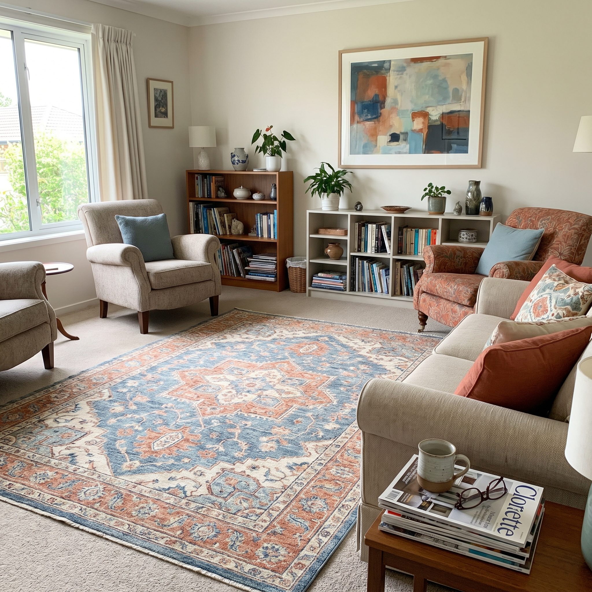 Living room with a rust kilim over beige carpet echoing rust tones in artwork and furniture