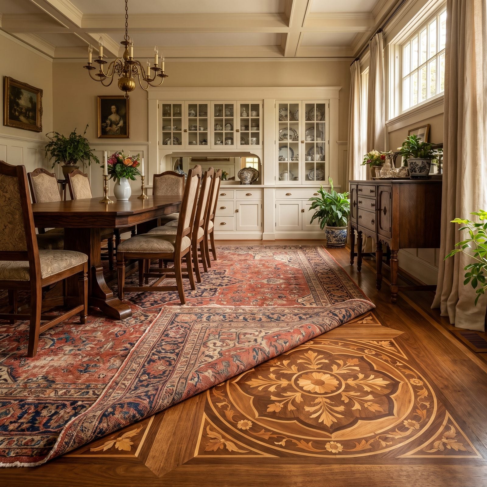 Grand dining room where a plain rug is laid over an ornate inlaid wood floor medallion, hiding the marquetry.