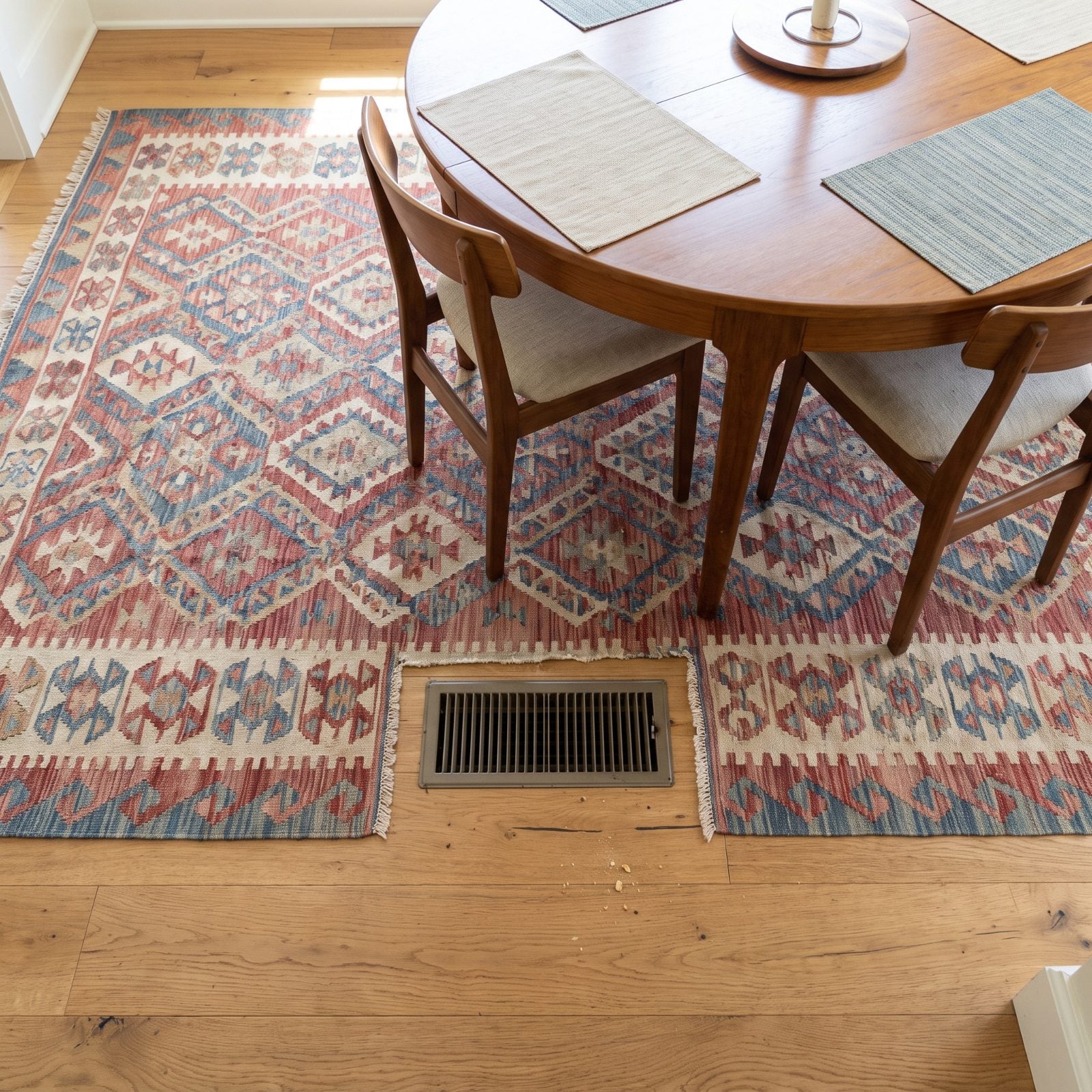 Dining room where a large rug has a rectangular notch cut around a floor heating vent, leaving an unbound frayed edge.