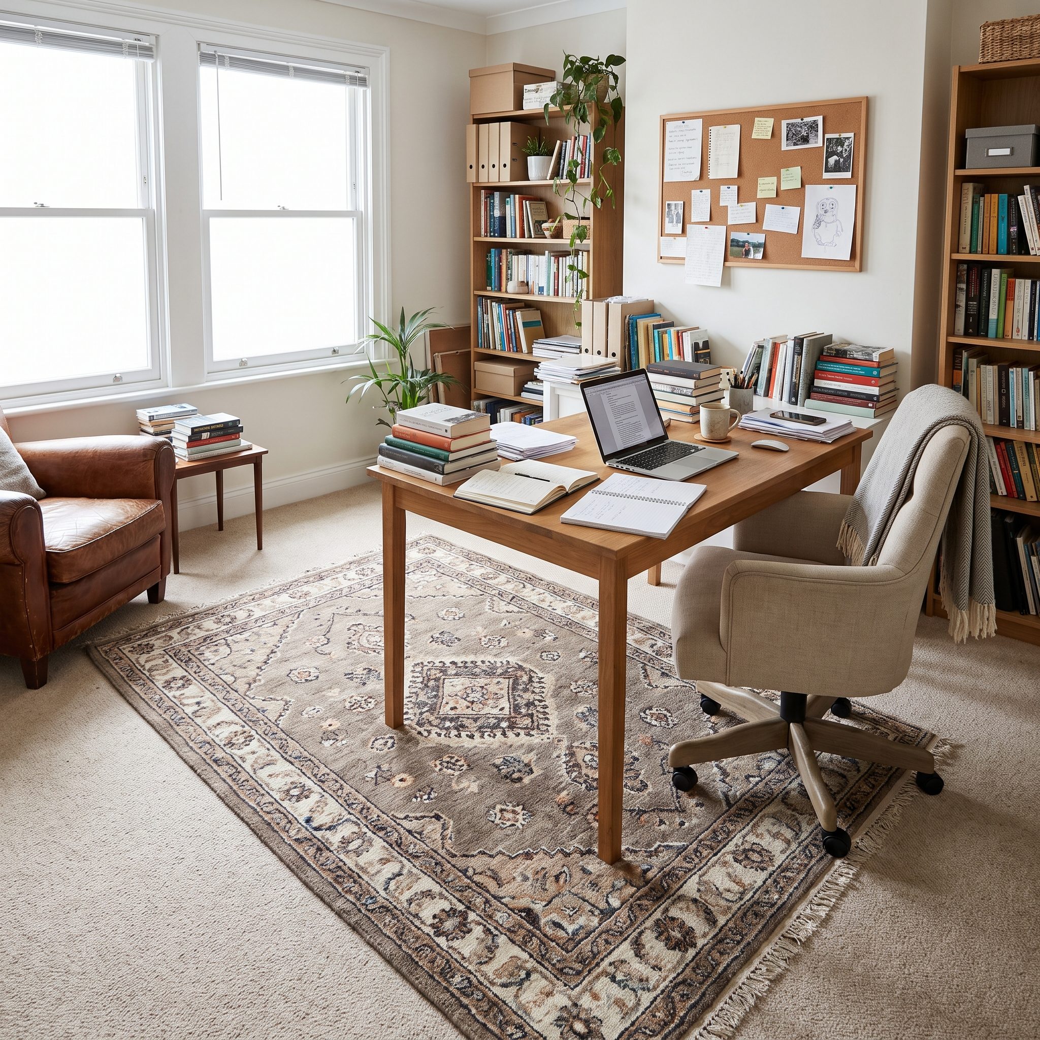 Bedroom corner with a five-by-eight flatweave rug over beige carpet beneath a desk and rolling chair