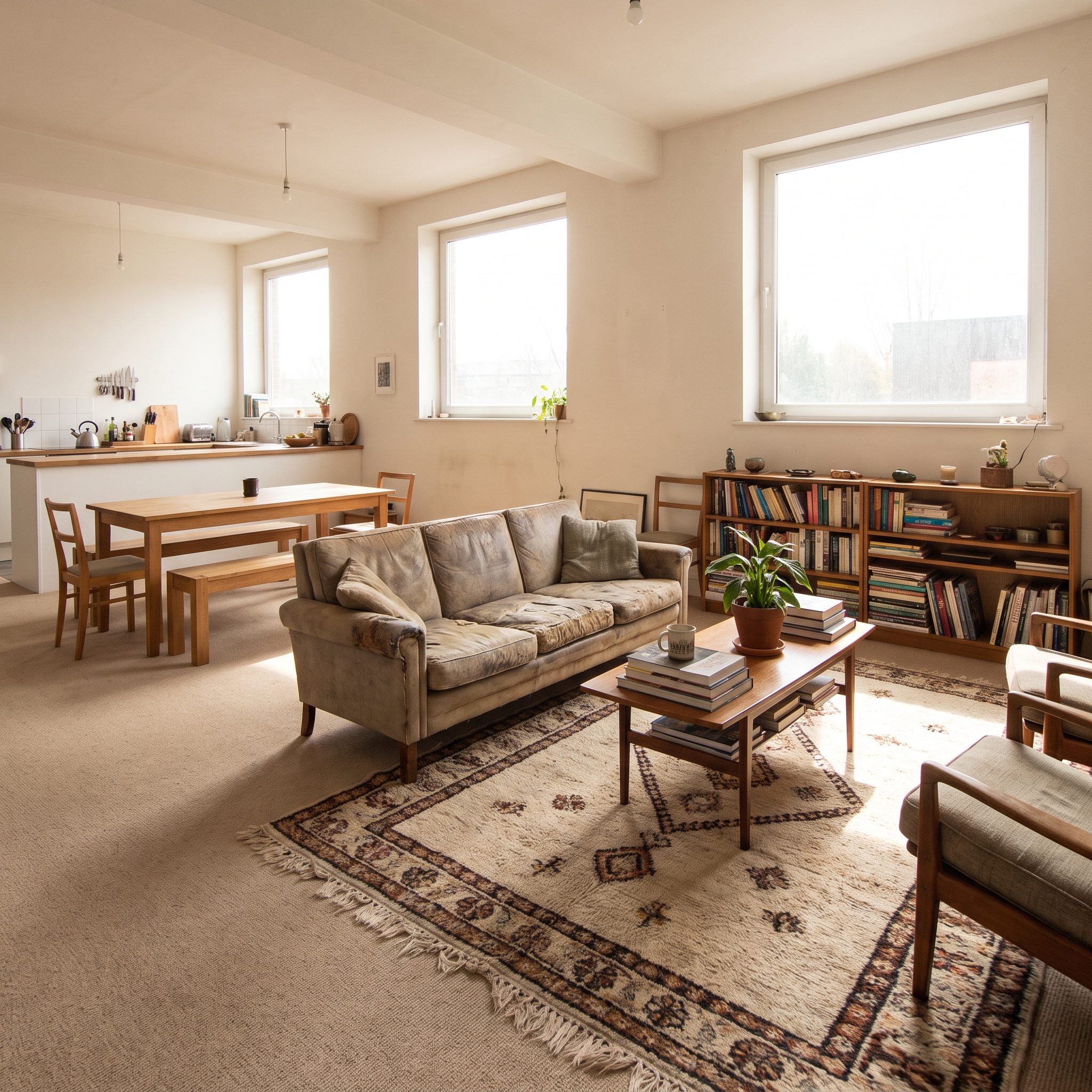 Open-plan carpeted room with a charcoal eight-by-ten rug defining the sofa-and-chairs living area beside a dining zone