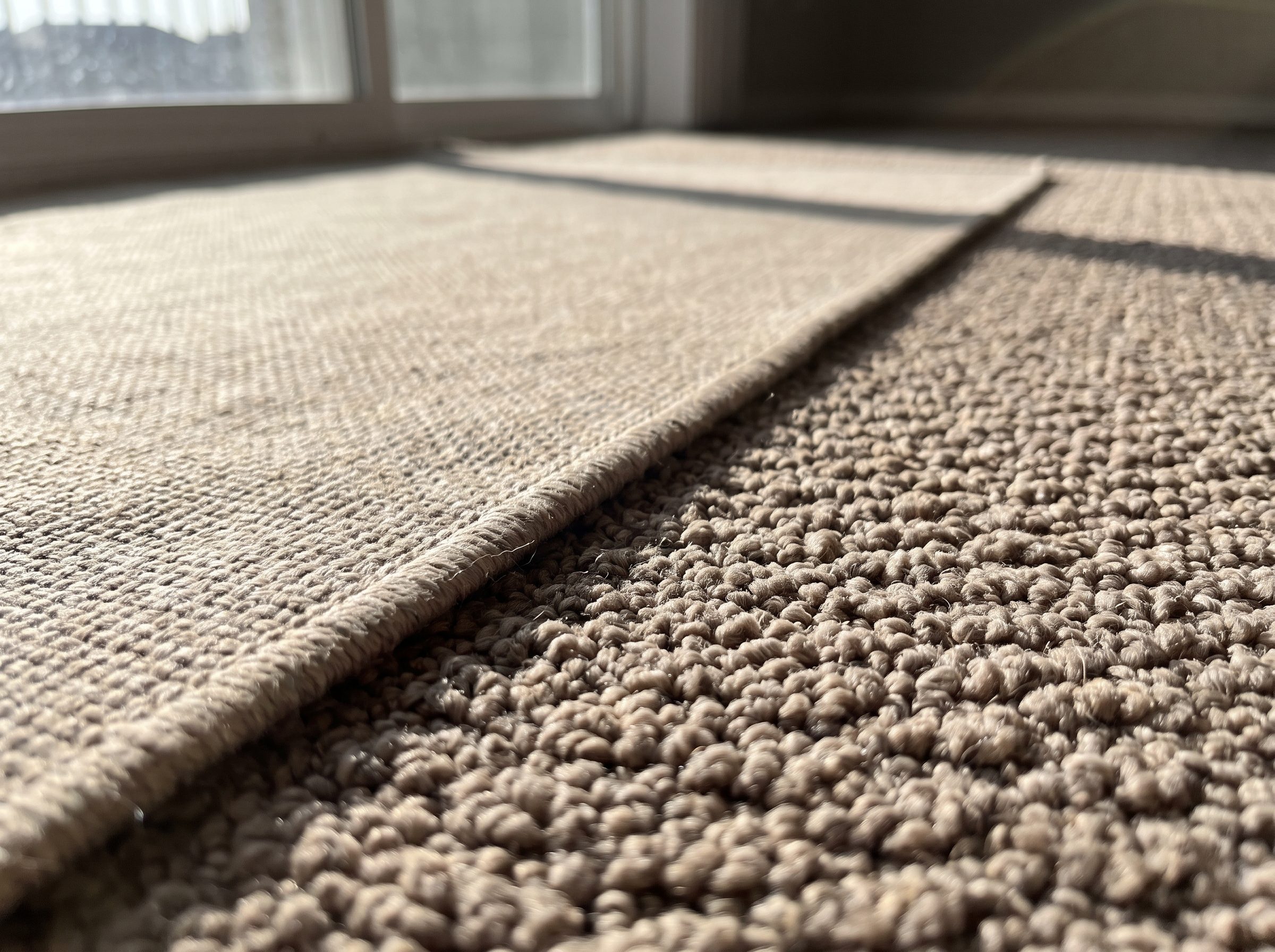 Bedroom with a flat kilim rug laid over beige plush carpet at the foot of a queen bed