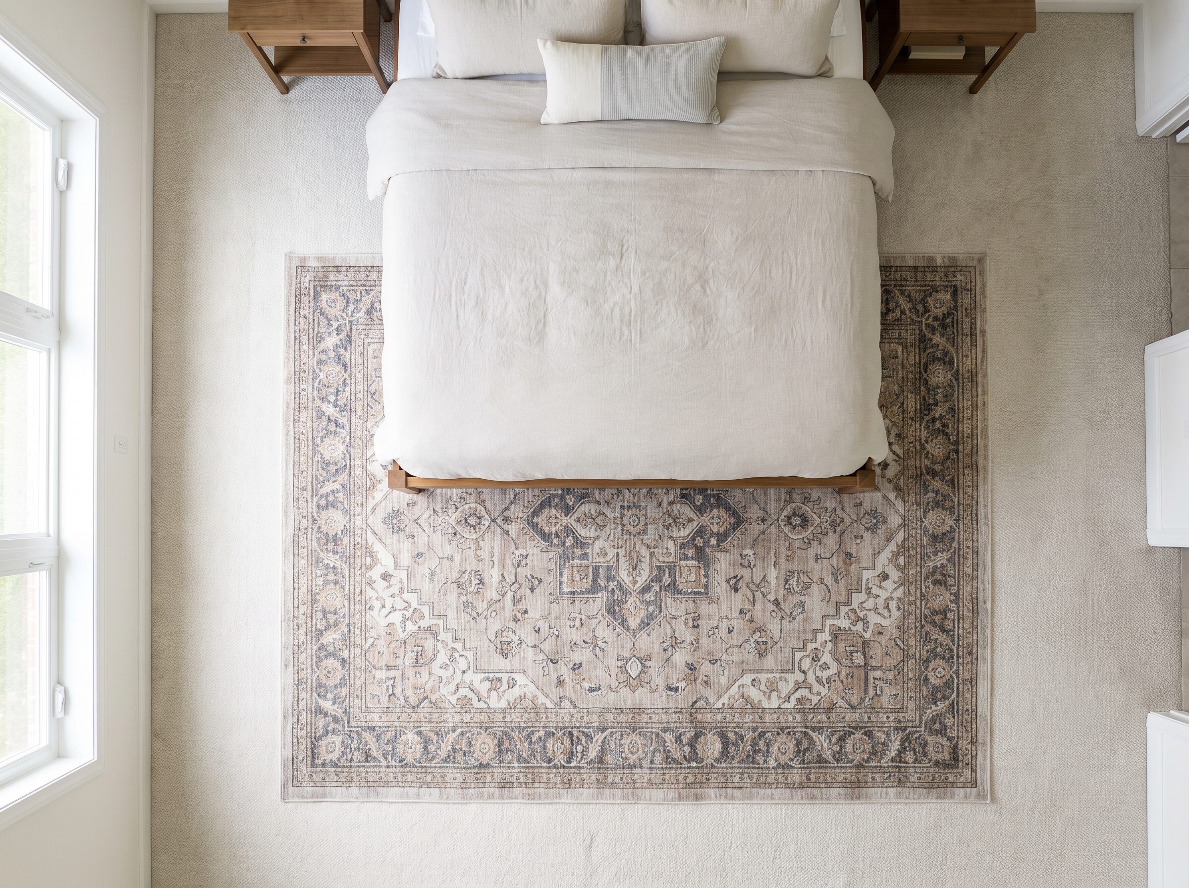 Bedroom with a nine-by-twelve rug tucked beneath the lower portion of a queen bed over beige carpet