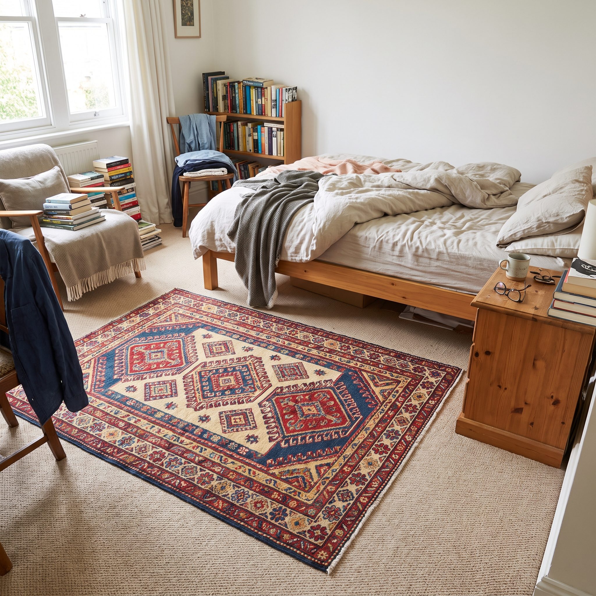Living room with a five-by-eight rust-and-teal wool rug layered over gray wall-to-wall carpet