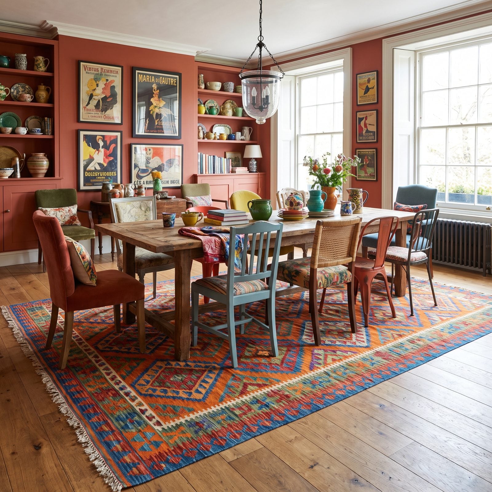 Farmhouse dining room with six mismatched chairs over a busy multicolor kilim rug with competing red, teal, and mustard