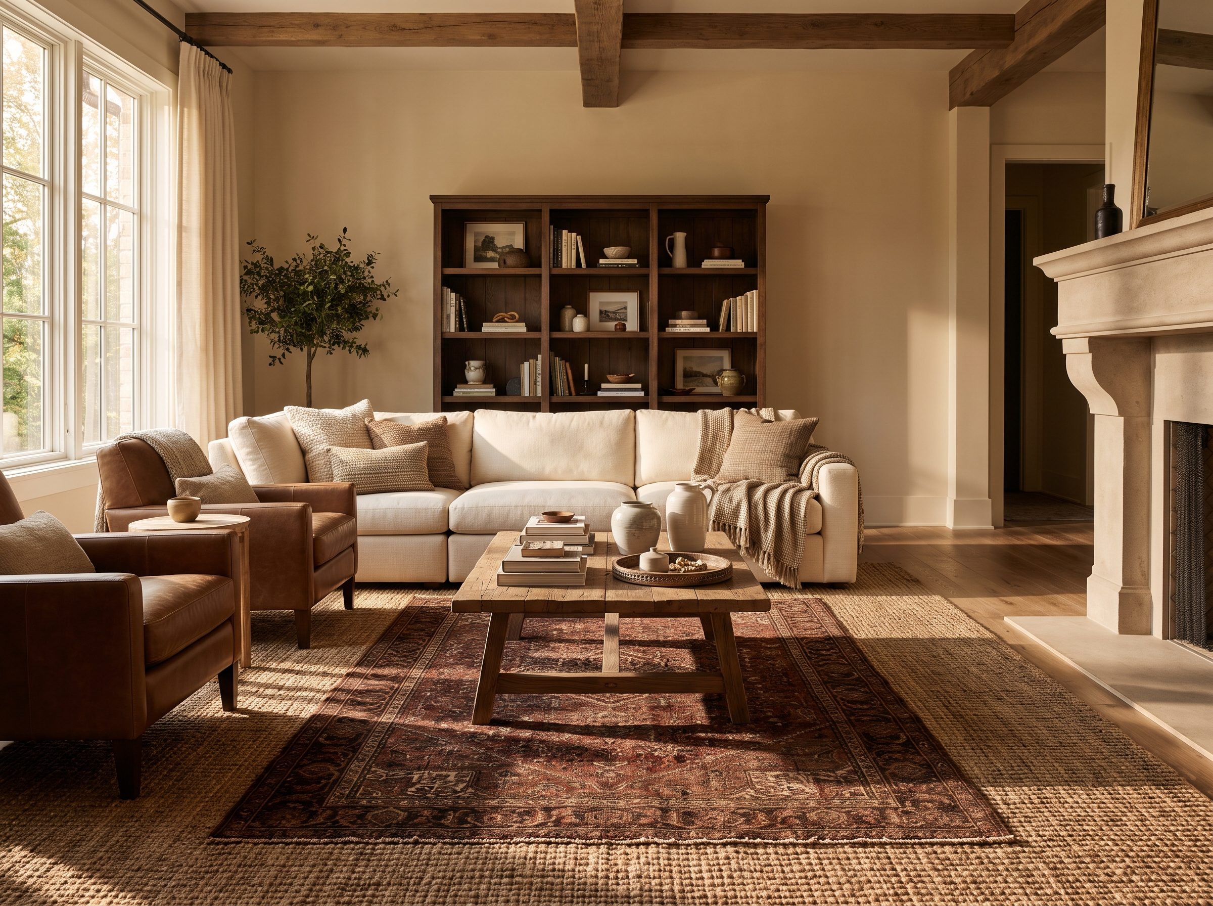 Family room with a patterned eight-by-ten wool rug layered over beige wall-to-wall carpet beneath the seating group