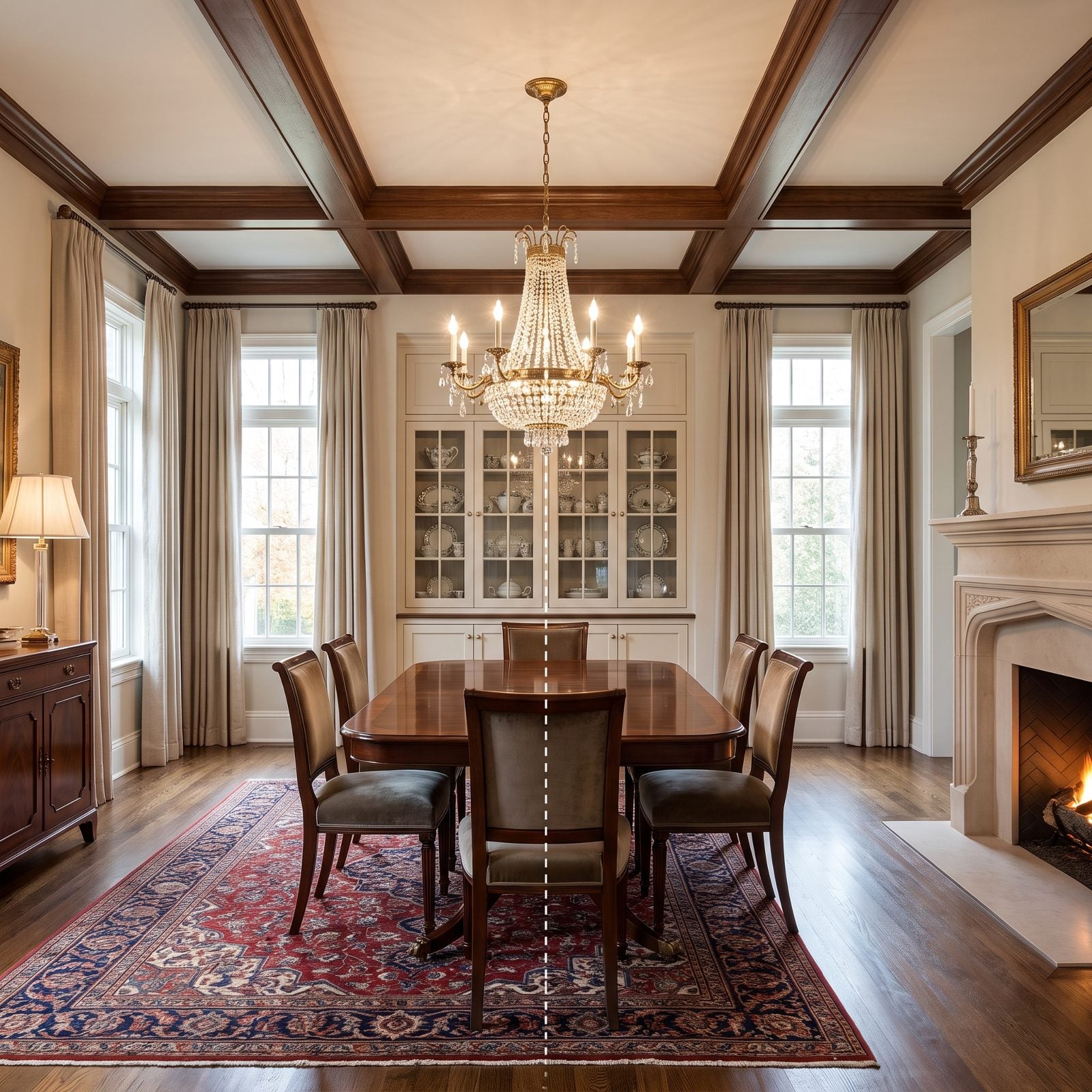 A Rug Positioned Off-Center From the Chandelier