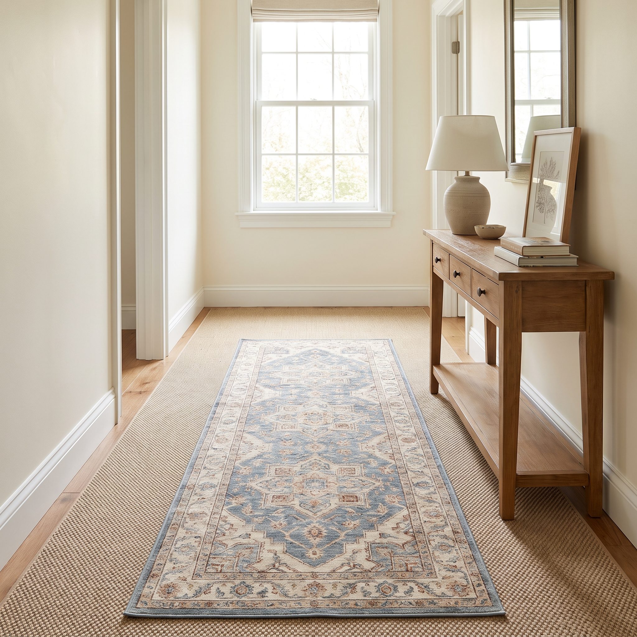 Living room with a low-pile runner protecting the traffic path over beige wall-to-wall carpet
