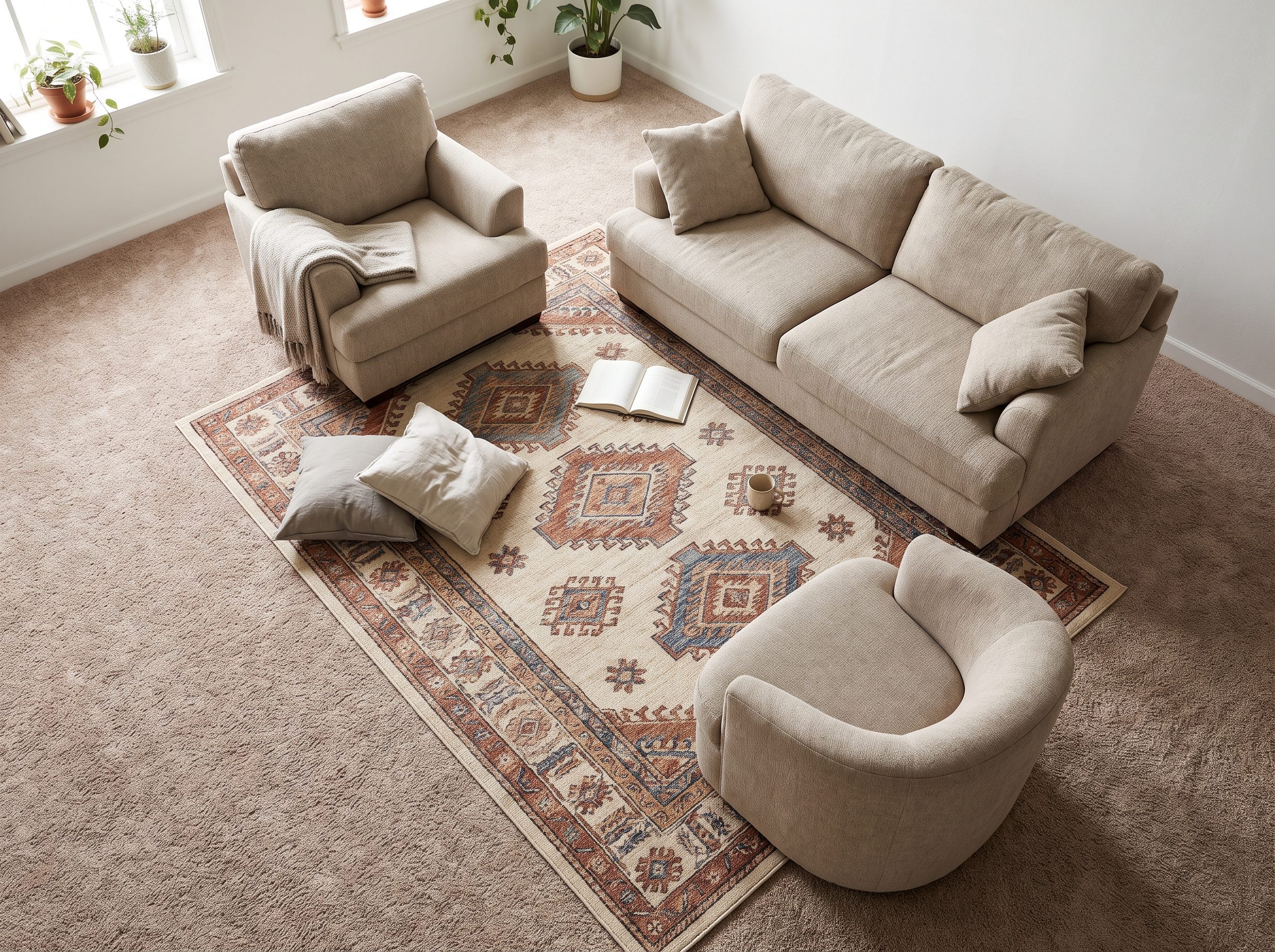 Living room with a navy flatweave rug over beige wall-to-wall carpet holding the front legs of a sofa and two armchairs