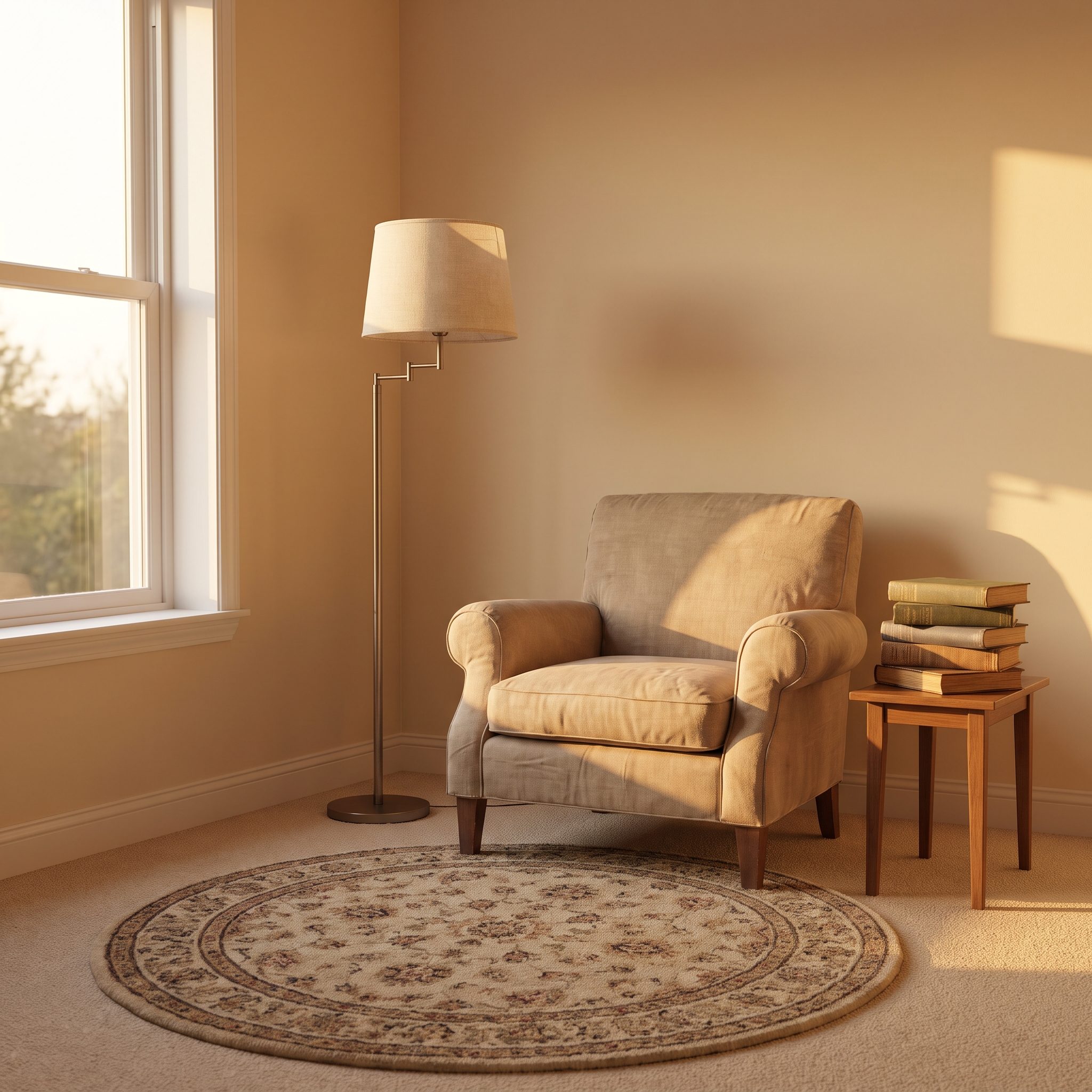 Carpeted living room corner with a four-by-six rug under a wingback chair and floor lamp