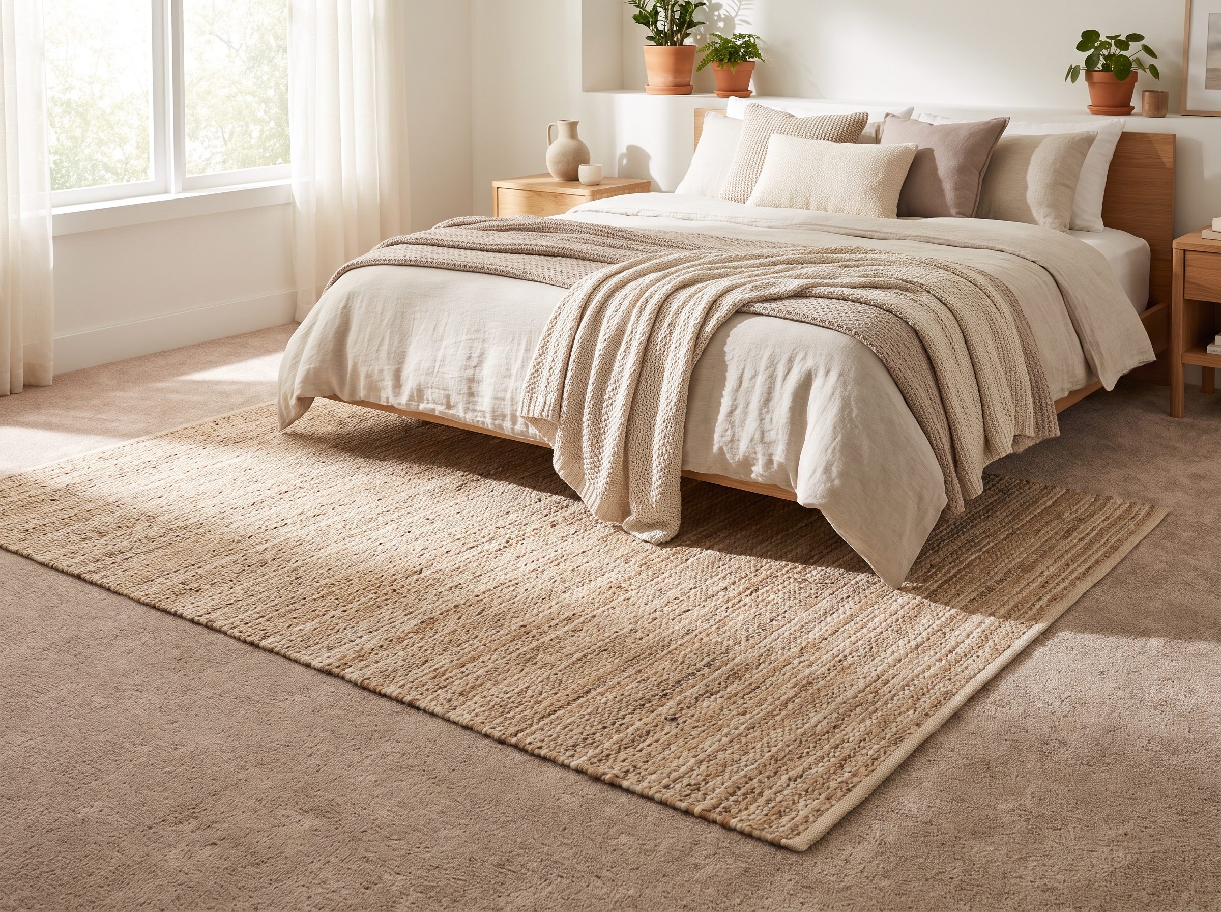 Carpeted bedroom with an eight-by-ten flatweave rug under the lower portion of a queen bed