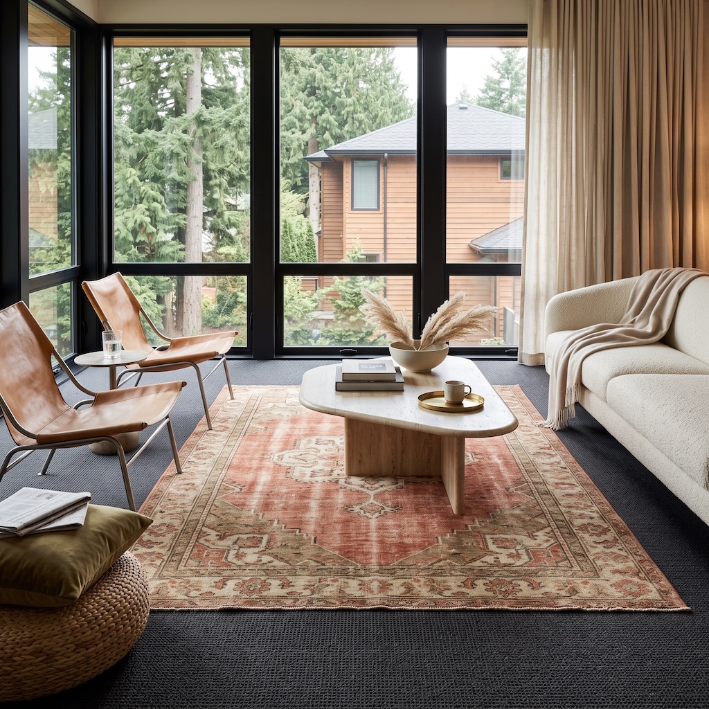 Living room with a faded coral vintage rug layered over dark wall-to-wall carpet between cognac leather chairs and a cream sofa