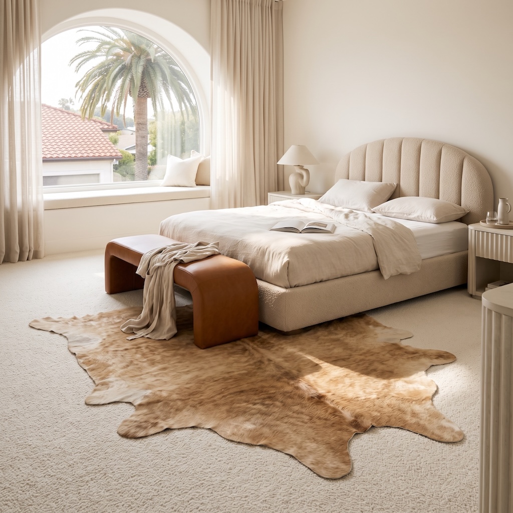 Cream bedroom with an irregular cowhide rug layered over pale wall-to-wall carpet at the foot of the bed