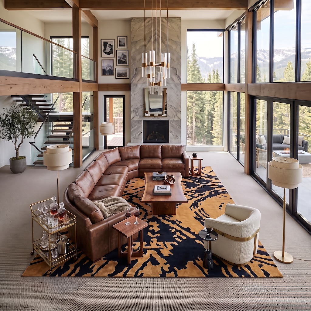 Double-height great room with an oversized black-and-camel graphic rug layered over pale wall-to-wall carpet