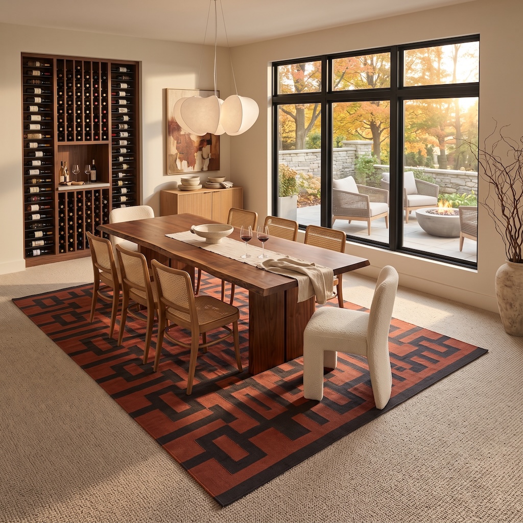 Dining room with a rust-and-black geometric rug layered over pale wall-to-wall carpet beneath a walnut dining table