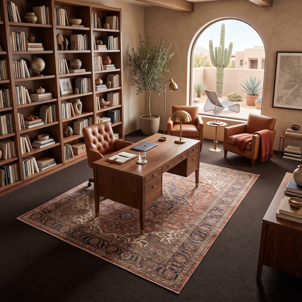 Home office library with a Persian-style rug layered over dark wall-to-wall carpet beneath a walnut desk