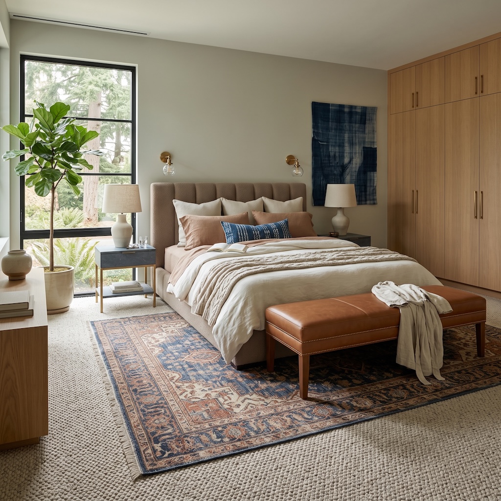 Bedroom with a blue-and-rust patterned rug layered over pale carpet beneath the bed, with oak cabinetry and a cognac leather bench