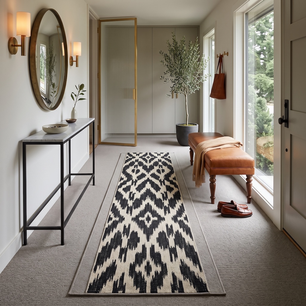 Long entryway with a black-and-cream geometric runner layered over gray wall-to-wall carpet