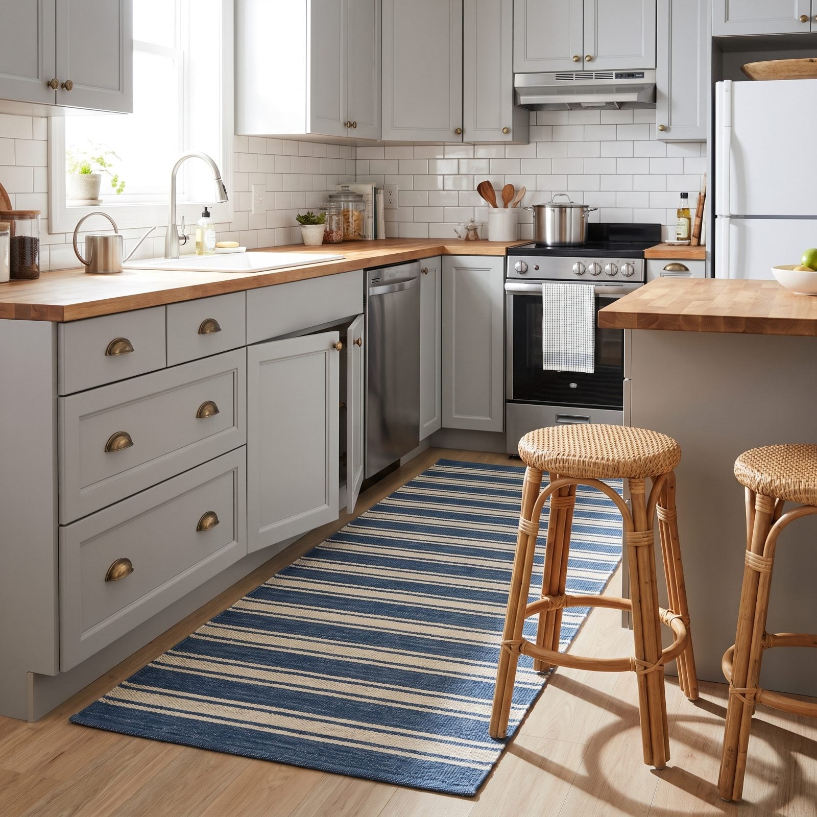 White shaker kitchen with a striped runner tucked under the cabinet door swing and beneath counter stool legs.