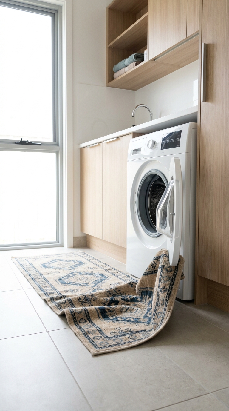 Laundry room where a jute runner sits in front of the machines and bunches under the open front-loader door.