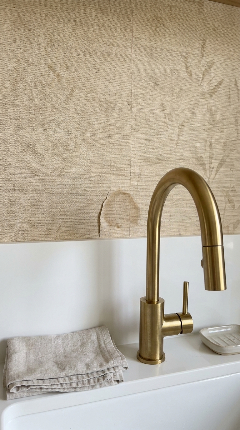 Beadboard laundry room with delicate grasscloth wallpaper behind the sink showing faint water marks near the faucet.