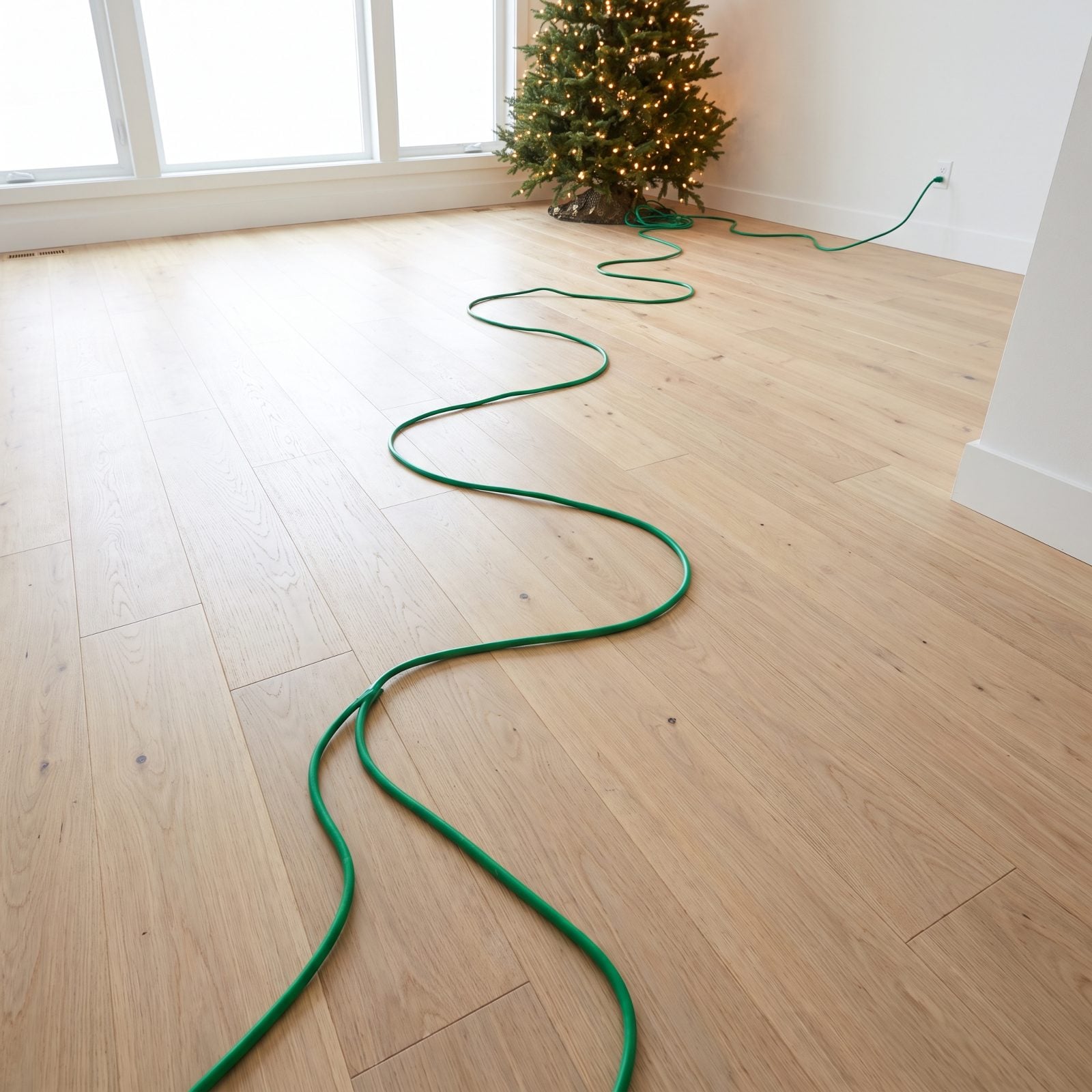 Bright living room with a decorated tree and a green power cord running across pale oak flooring to an armchair.
