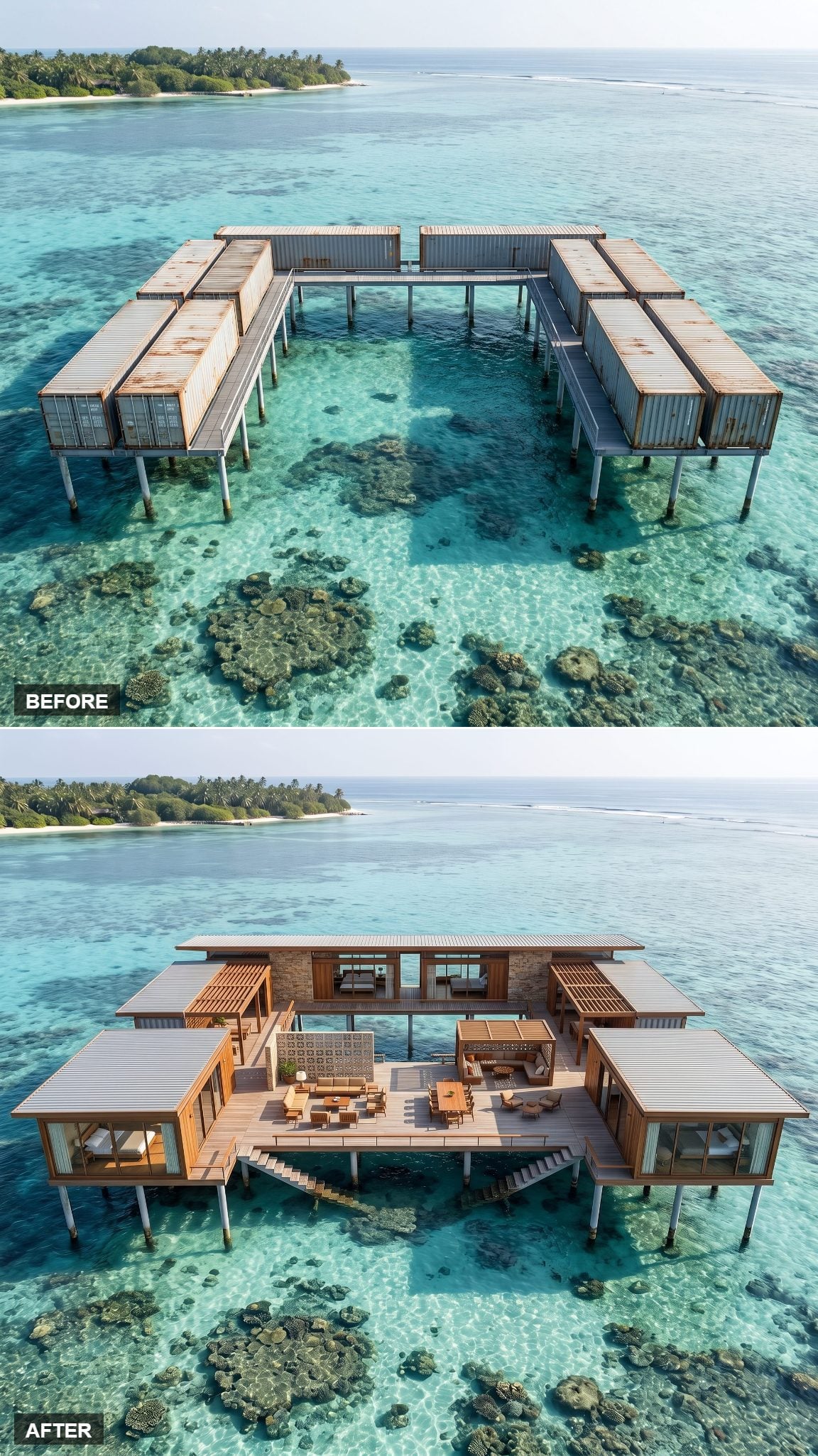 From Rusted Steel Boxes to a Warm Mid-Century Lagoon Retreat