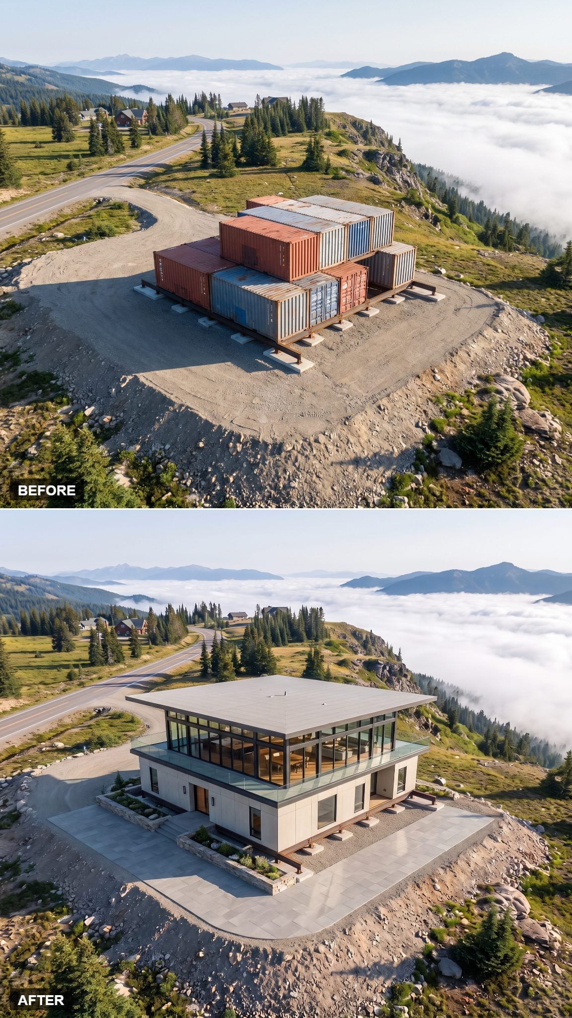 Shipping containers transformed into a glass-walled mountain house