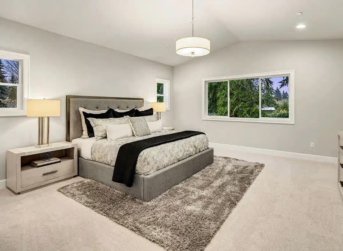 Tufted Headboard, Shag Rug, and Bedside Lamps That Earn Their Keep