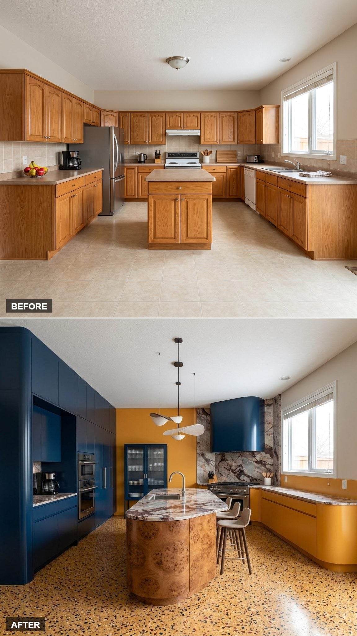 Saffron and Ink Blue asymmetrical editorial kitchen redesign