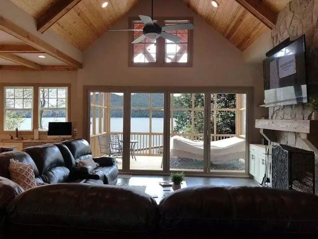 Cathedral Ceiling, Lake View, Stone Fireplace — Pick Your Focal Point