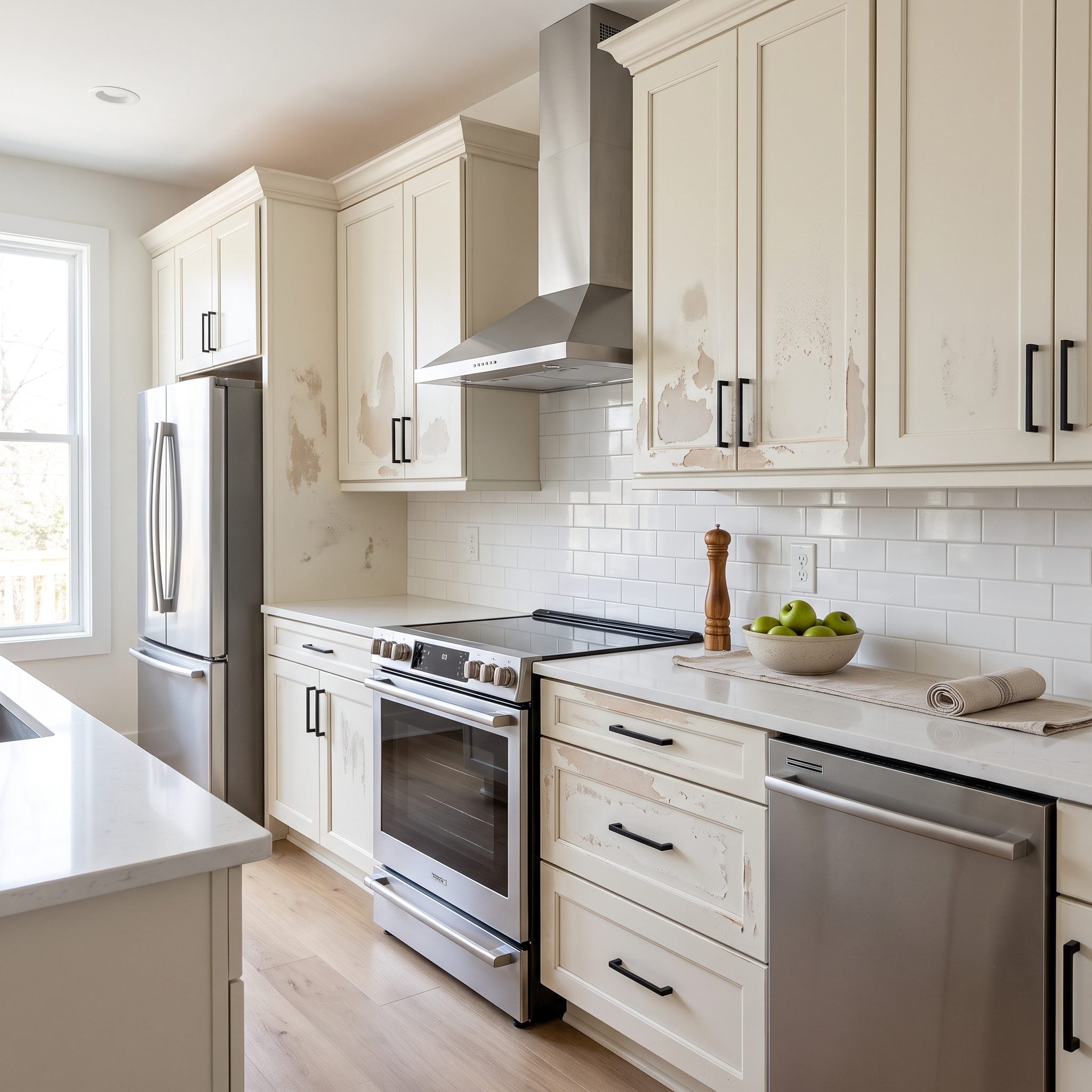Creamy off-white cabinets with mottled peeling patches and sanding scratches from sanding before degreasing.