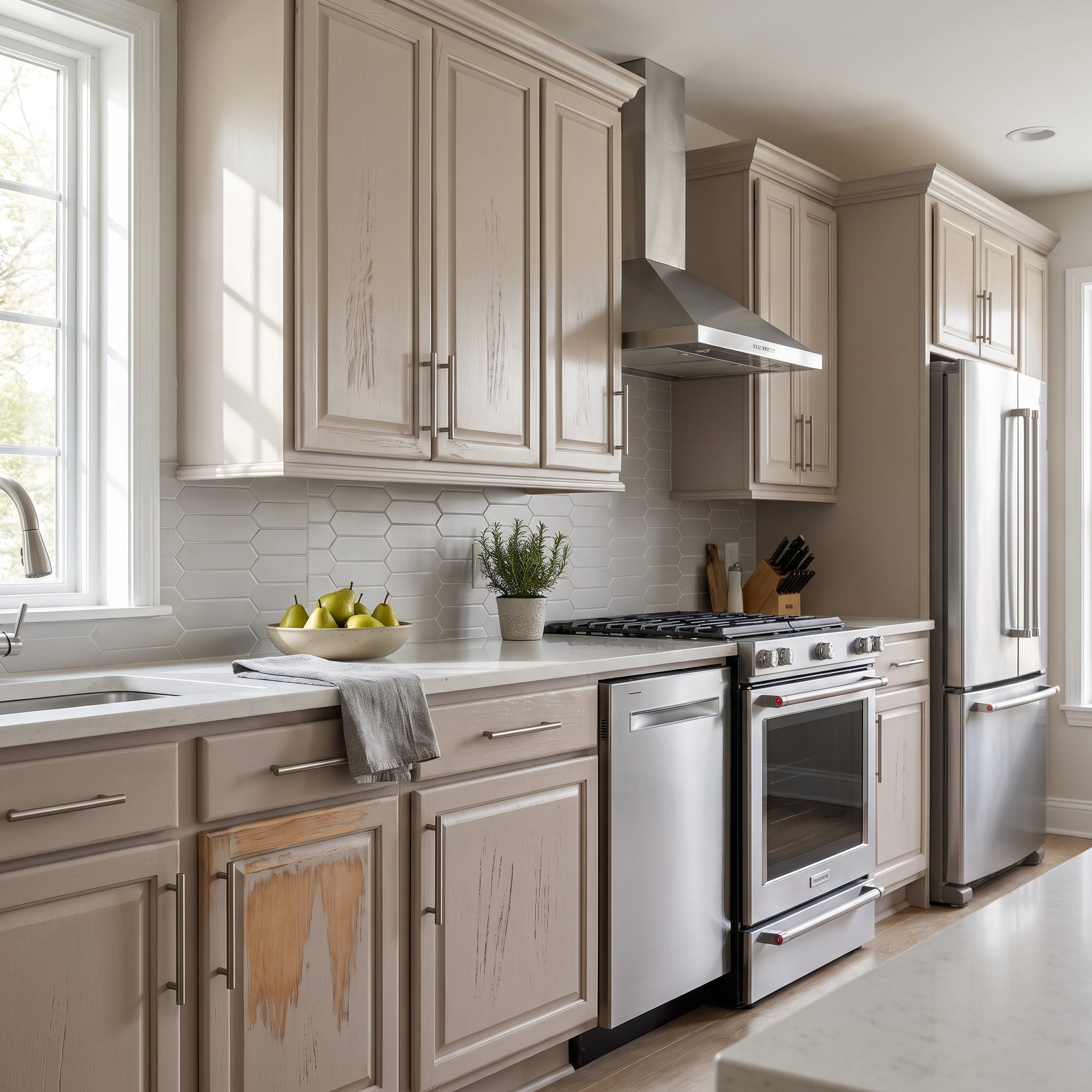 Light taupe cabinets with deep sanding scratches, rounded-over edges, and one veneer section sanded through under the paint.